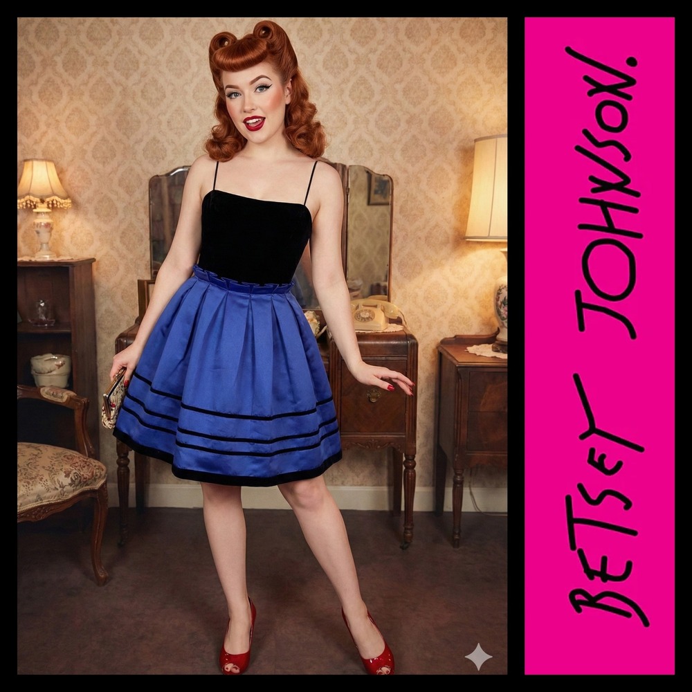 VTG 00s Betsey Johnson Party Dress Size 6 Black Velvet Blue Y2K Pinup Retro
